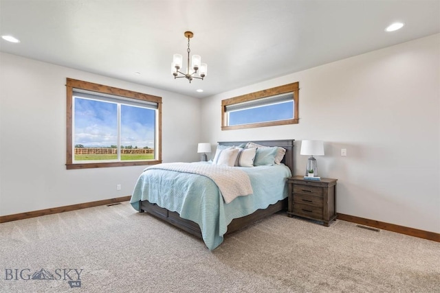 3483 Highline Rd, Manhattan, MT 59741 - bedroom featuring baseboards, a chandelier, light carpet, and recessed lighting