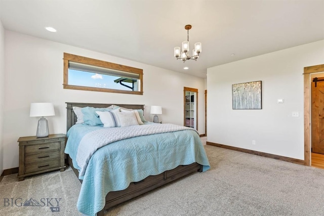 3483 Highline Rd, Manhattan, MT 59741 - bedroom with a chandelier, baseboards, light colored carpet, and recessed lighting
