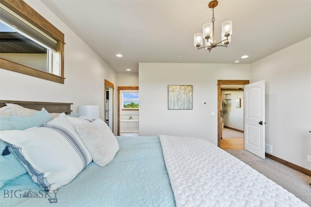 3483 Highline Rd, Manhattan, MT 59741 - bedroom with a chandelier, recessed lighting, light colored carpet, and baseboards