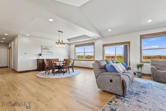 3483 Highline Rd, Manhattan, MT 59741 - living area with baseboards, light wood-type flooring, a chandelier, and recessed lighting