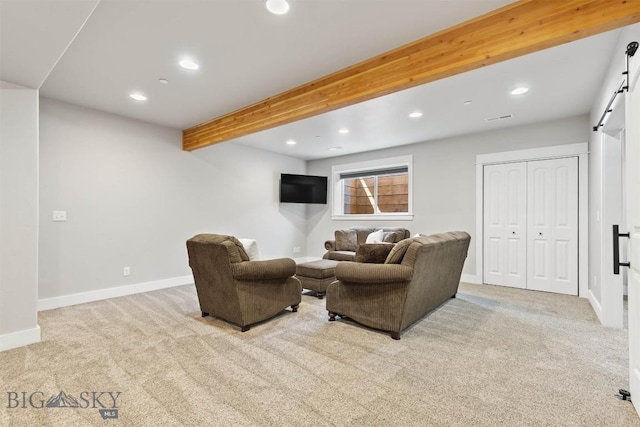 3483 Highline Rd, Manhattan, MT 59741 - carpeted living area featuring a barn door, recessed lighting, baseboards, and beamed ceiling