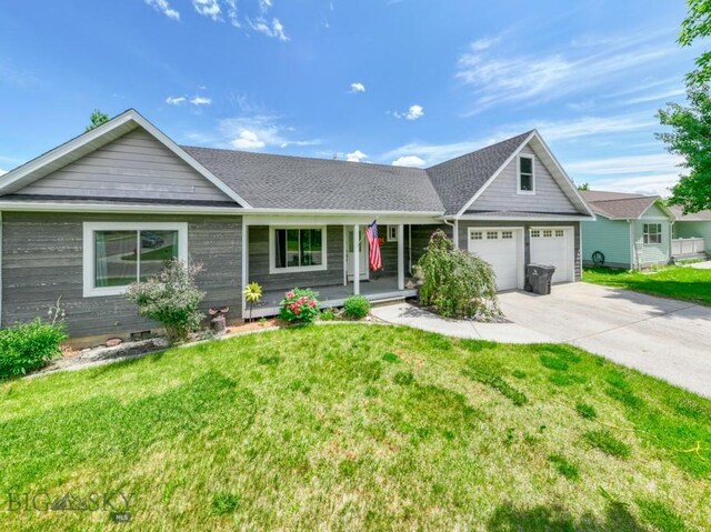 118 Clinton, Belgrade, MT 59714 - ranch-style home featuring a porch, driveway, a front lawn, and an attached garage