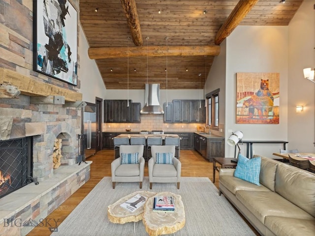 18 Upper Cascade Ridge Rd Unit 18, Big Sky, MT 59716 - living room featuring wooden ceiling with exposed beams, light wood finished floors, high vaulted ceiling, and a fireplace
