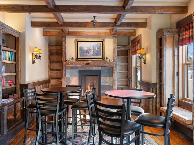 18 Upper Cascade Ridge Rd Unit 18, Big Sky, MT 59716 - dining room with wainscoting, coffered ceiling, beamed ceiling, wood finished floors, and a warm lit fireplace