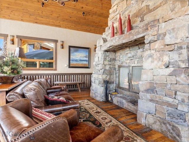 18 Upper Cascade Ridge Rd Unit 18, Big Sky, MT 59716 - living room featuring wood ceiling, wood finished floors, lofted ceiling, and a fireplace