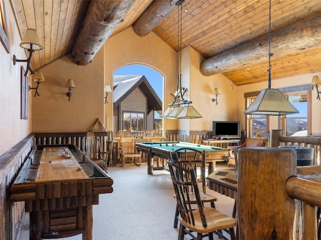 18 Upper Cascade Ridge Rd Unit 18, Big Sky, MT 59716 - game room featuring billiards, wood ceiling with exposed beams, carpet, and high vaulted ceiling