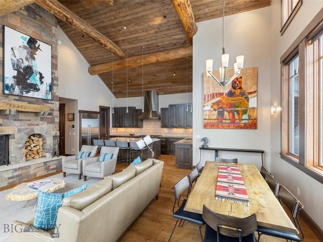 18 Upper Cascade Ridge Rd Unit 18, Big Sky, MT 59716 - living area with wooden ceiling with exposed beams, wood finished floors, high vaulted ceiling, a chandelier, and a fireplace