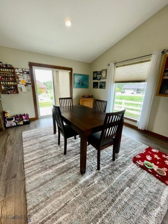 121 Ridge Ct, Dillon, MT 59725 - dining space featuring lofted ceiling, plenty of natural light, wood finished floors, recessed lighting, and baseboards