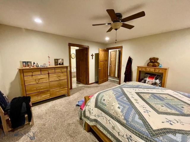 121 Ridge Ct, Dillon, MT 59725 - bedroom with light colored carpet, recessed lighting, and a ceiling fan