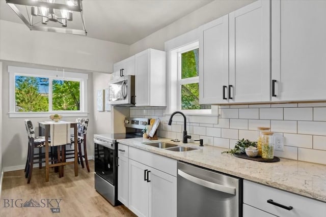 643 Parkhill, Billings, MT 59102 - kitchen with appliances with stainless steel finishes, a sink, tasteful backsplash, light wood-style floors, and white cabinets