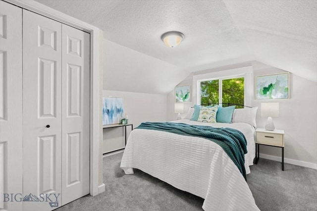 643 Parkhill, Billings, MT 59102 - bedroom featuring carpet floors, baseboards, a textured ceiling, a closet, and vaulted ceiling