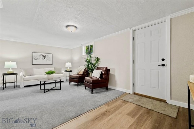 643 Parkhill, Billings, MT 59102 - living room featuring wood finished floors, a textured ceiling, baseboards, and ornamental molding