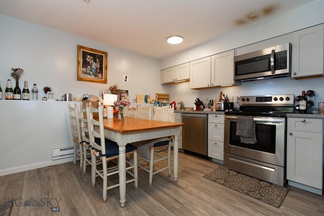 504 N 19th Ave, Bozeman, MT 59718 - kitchen featuring stainless steel appliances, light wood-type flooring, and baseboard heating