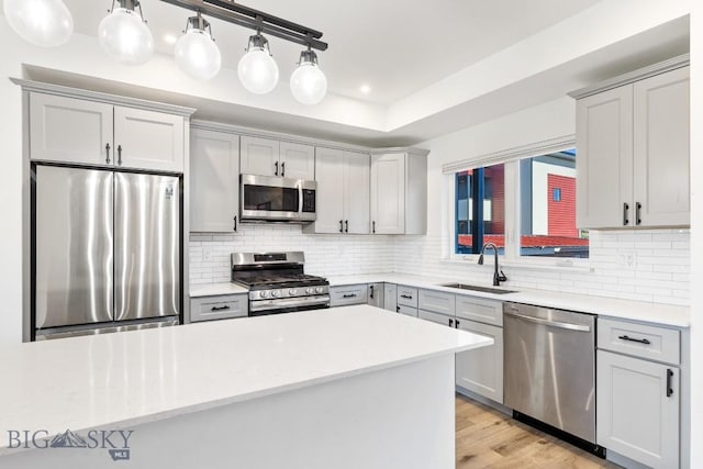 1704 W Lincoln Unit 5B, Bozeman, MT 59715 - kitchen featuring appliances with stainless steel finishes, decorative backsplash, pendant lighting, and gray cabinets