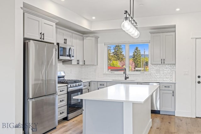 1704 W Lincoln Unit 5B, Bozeman, MT 59715 - kitchen with stainless steel appliances, a sink, light wood-style floors, light countertops, and backsplash