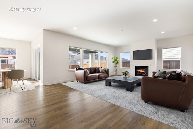 1609 Wyatt Earp Ct, Belgrade, MT 59714 - living area featuring wood finished floors, a glass covered fireplace, recessed lighting, and baseboards