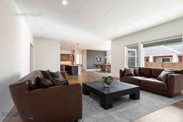 1609 Wyatt Earp Ct, Belgrade, MT 59714 - living room featuring wood finished floors, baseboards, and recessed lighting