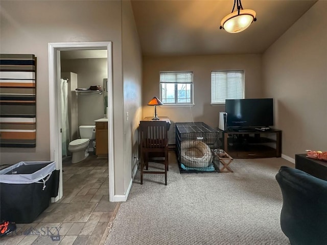 4442 Alexander, Bozeman, MT 59718 - living room with baseboards, stone finish floors, and lofted ceiling