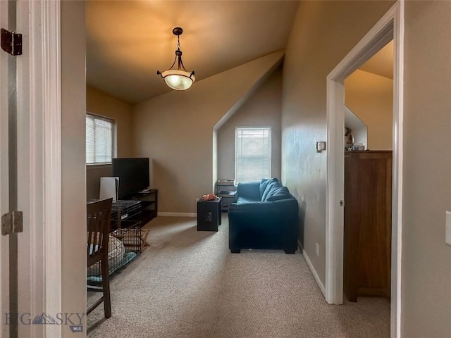 4442 Alexander, Bozeman, MT 59718 - living room featuring carpet, baseboards, vaulted ceiling, and an office area