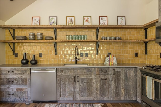 5933 Monforton School Rd, Bozeman, MT 59718 - indoor wet bar featuring stainless steel appliances, backsplash, and dark wood-style flooring