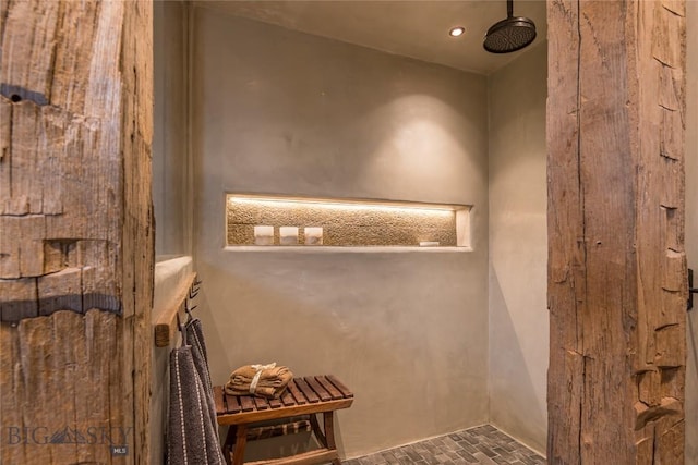 5933 Monforton School Rd, Bozeman, MT 59718 - full bath featuring brick floors, a shower, and recessed lighting