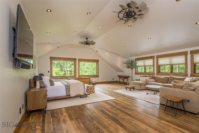 5933 Monforton School Rd, Bozeman, MT 59718 - bedroom featuring hardwood / wood-style flooring, baseboards, vaulted ceiling, and recessed lighting