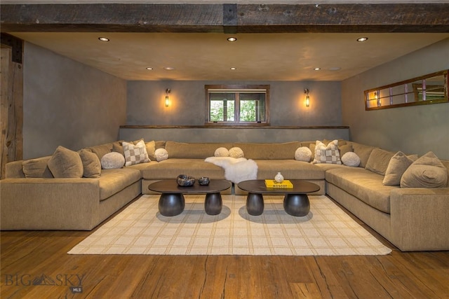 5933 Monforton School Rd, Bozeman, MT 59718 - living area featuring wood finished floors, beam ceiling, and recessed lighting