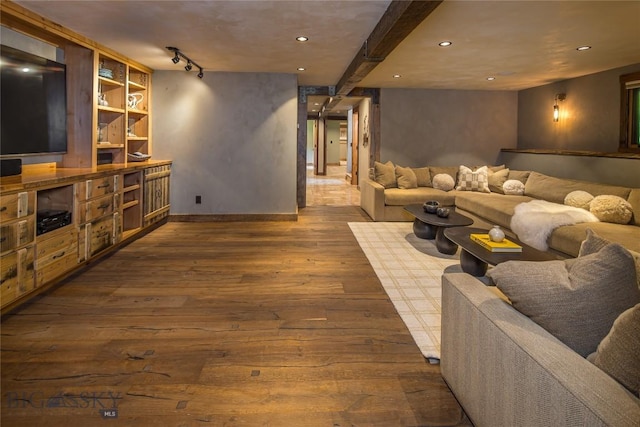 5933 Monforton School Rd, Bozeman, MT 59718 - living area with dark wood-style flooring, recessed lighting, and baseboards