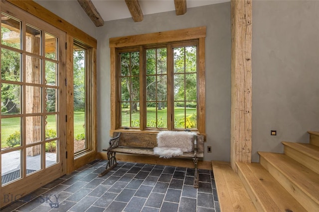 5933 Monforton School Rd, Bozeman, MT 59718 - entryway with beamed ceiling and stairs