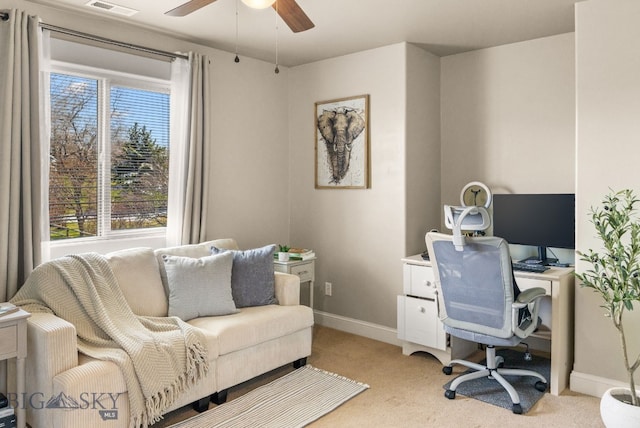 126 Pathfinder Trl, Bozeman, MT 59718 - home office featuring plenty of natural light, ceiling fan, and light carpet