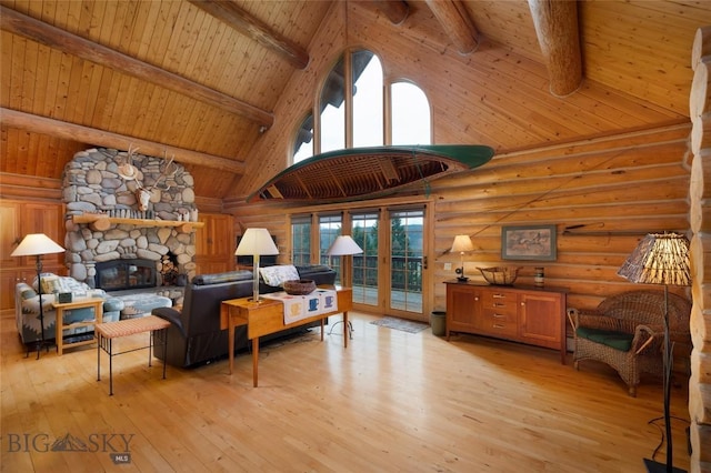 2415 Crazy Horse Rd, Big Sky, MT 59716 - living room featuring high vaulted ceiling, wood ceiling with exposed beams, log walls, light wood finished floors, and a stone fireplace