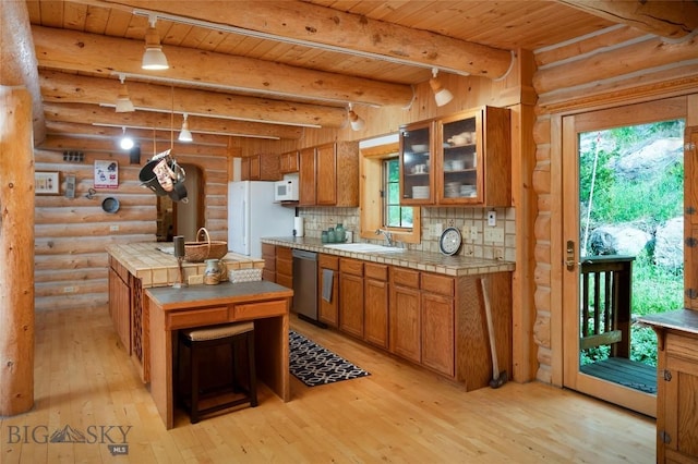 2415 Crazy Horse Rd, Big Sky, MT 59716 - kitchen with white appliances, wood ceiling with exposed beams, light wood-style flooring, log walls, and a sink