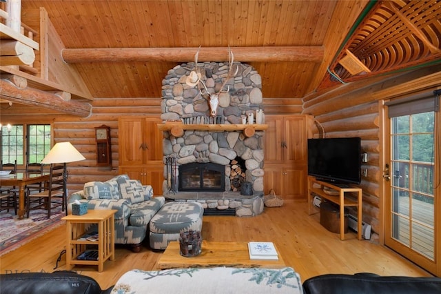 2415 Crazy Horse Rd, Big Sky, MT 59716 - living room featuring log walls, wood ceiling, a stone fireplace, and wood finished floors