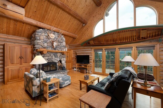 2415 Crazy Horse Rd, Big Sky, MT 59716 - living area featuring log walls, high vaulted ceiling, wooden ceiling with exposed beams, hardwood / wood-style flooring, and a fireplace