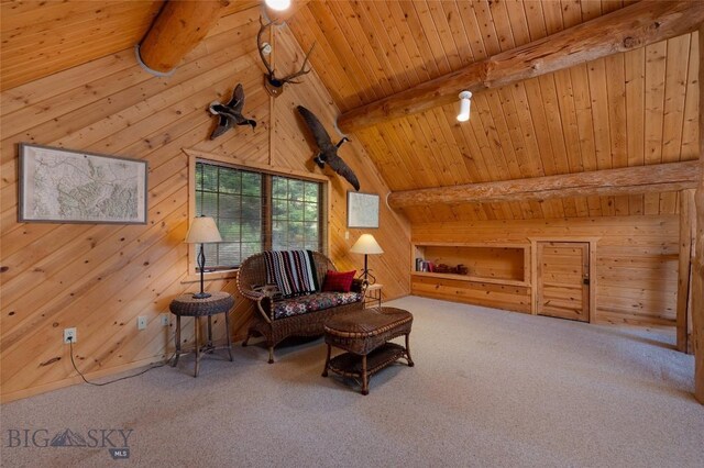 2415 Crazy Horse Rd, Big Sky, MT 59716 - living area with wooden ceiling, wooden walls, and carpet