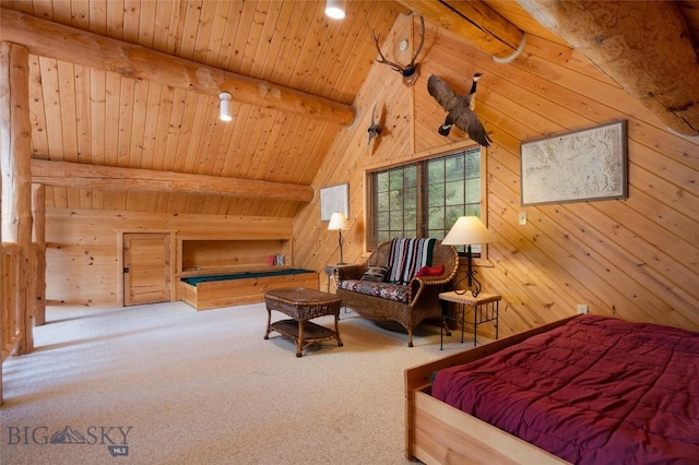 2415 Crazy Horse Rd, Big Sky, MT 59716 - bedroom featuring wood walls, carpet flooring, and wood ceiling