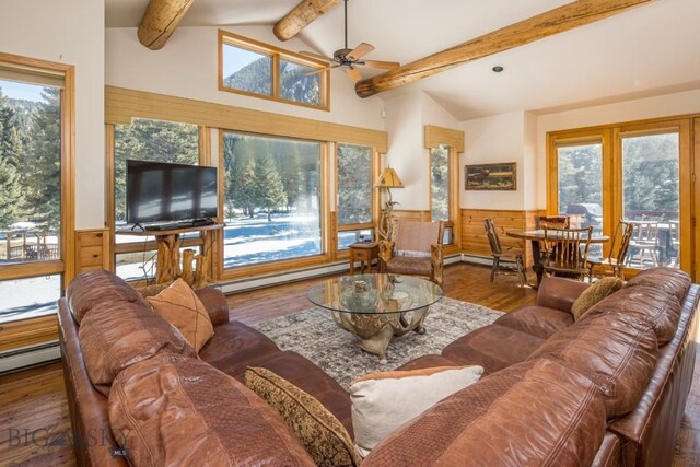 48042 Gallatin Rd, Big Sky, MT 59730 - living area featuring a baseboard heating unit, wainscoting, ceiling fan, wood finished floors, and wood walls