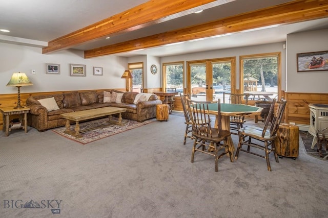 48042 Gallatin Rd, Big Sky, MT 59730 - dining room featuring beamed ceiling, carpet floors, wainscoting, recessed lighting, and french doors