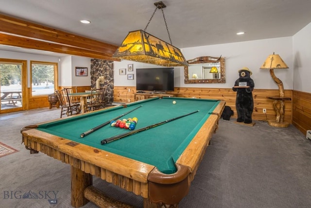 48042 Gallatin Rd, Big Sky, MT 59730 - recreation room with carpet flooring, a wainscoted wall, wood walls, pool table, and recessed lighting