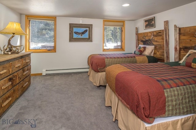 48042 Gallatin Rd, Big Sky, MT 59730 - bedroom with baseboard heating, carpet, baseboards, and recessed lighting