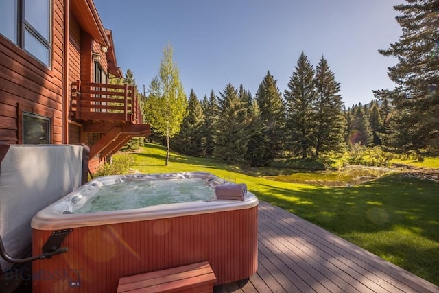 48042 Gallatin Rd, Big Sky, MT 59730 - deck with a hot tub, a yard, and stairway