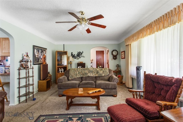 510 S Excelsior, Butte, MT 59701 - living room with arched walkways, a ceiling fan, carpet flooring, a textured ceiling, and baseboards