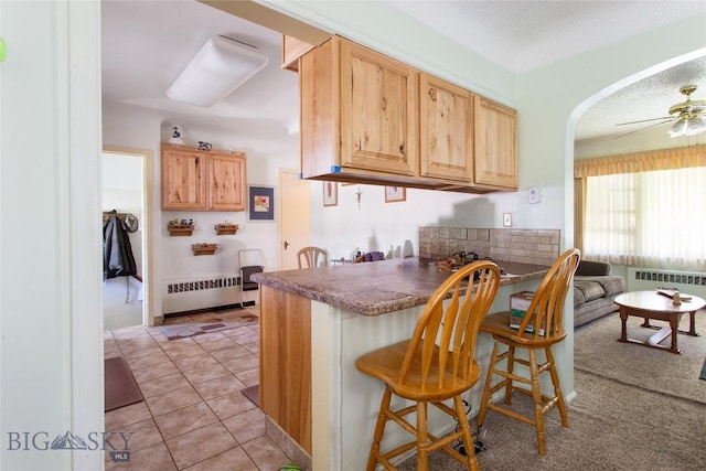 510 S Excelsior, Butte, MT 59701 - kitchen featuring radiator heating unit, light brown cabinets, a kitchen bar, and a textured ceiling