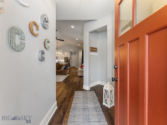 3171 Spring Ridge Dr, Bozeman, MT 59715 - foyer entrance with vaulted ceiling, dark wood-style flooring, and recessed lighting