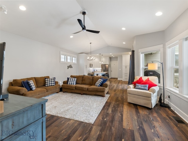 3171 Spring Ridge Dr, Bozeman, MT 59715 - living room with dark wood finished floors, a ceiling fan, lofted ceiling, a chandelier, and recessed lighting