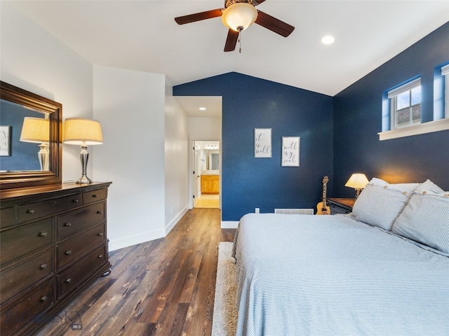 3171 Spring Ridge Dr, Bozeman, MT 59715 - bedroom featuring dark wood-style flooring, vaulted ceiling, ensuite bath, recessed lighting, and a ceiling fan