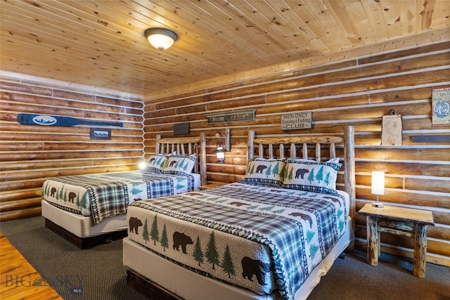 701 Bauer Ln Unit 2, Ennis, MT 59729 - bedroom with log walls, wooden ceiling, and wood finished floors