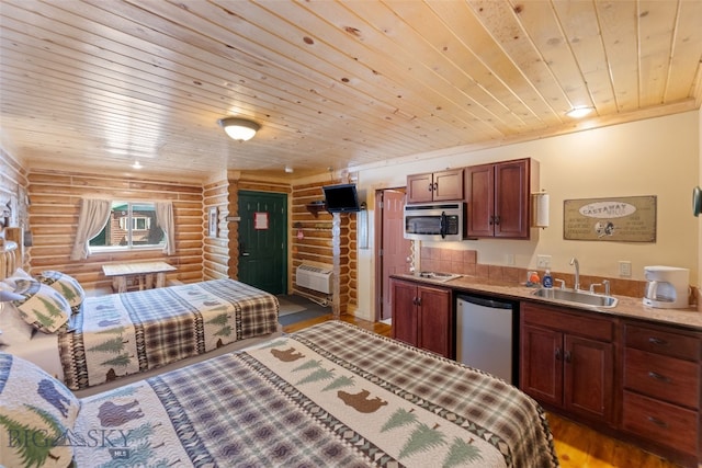 701 Bauer Ln Unit 2, Ennis, MT 59729 - bedroom featuring log walls, wooden ceiling, light wood finished floors, and wet bar