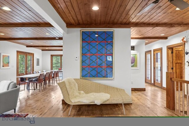 3011 Goose Creek Rd, Bozeman, MT 59715 - foyer entrance with wooden ceiling with exposed beams, recessed lighting, light wood-style flooring, and baseboards