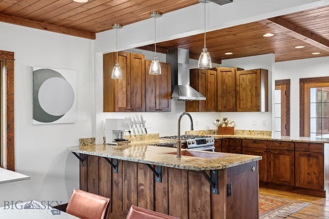 3011 Goose Creek Rd, Bozeman, MT 59715 - kitchen with wall chimney exhaust hood, wooden ceiling, a peninsula, light wood-style floors, and decorative light fixtures